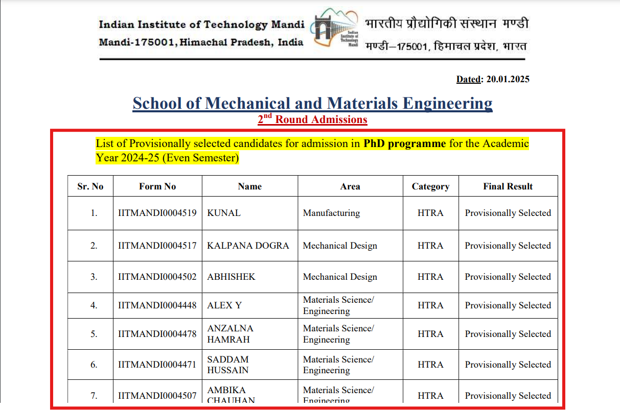 IIT Mandi M Tech R PhD and MTech R PhD Second Admission List 2025 Releases
