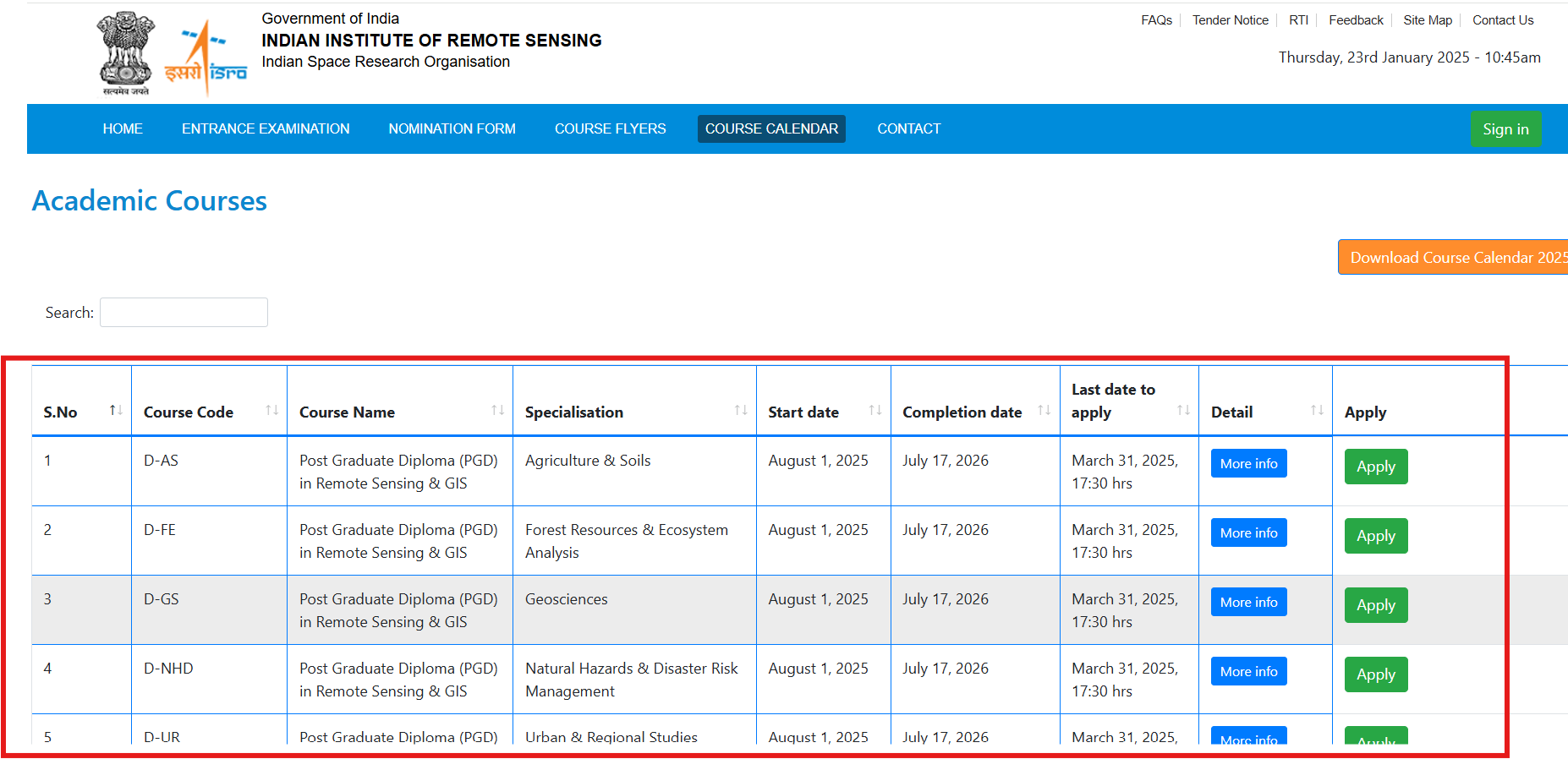 IIRS Dehradun Post Graduate Diploma 2025 Calendar in Remote Sensing
