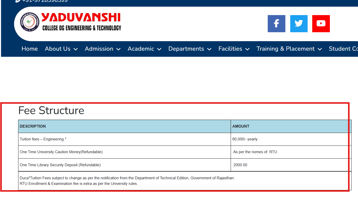Yaduvanshi College of Engineering and Technology B. Tech Fee Structure 2025 Out