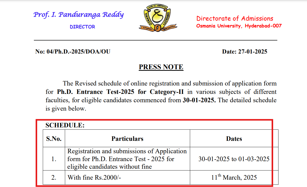 Osmania University Ph.D. Admissions 2025 Open