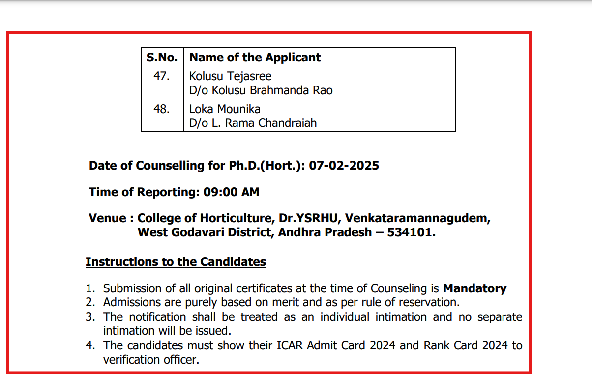 Dr. Y.S.R. Horticultural University PhD Program 2025 Final Selection List Out