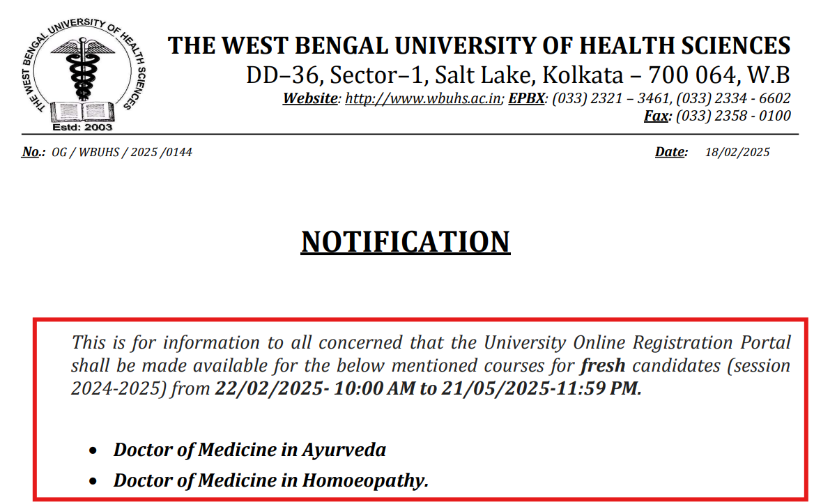 WBUHS MD Homoeopathy & MD Ayurveda 2025 Registration Opens