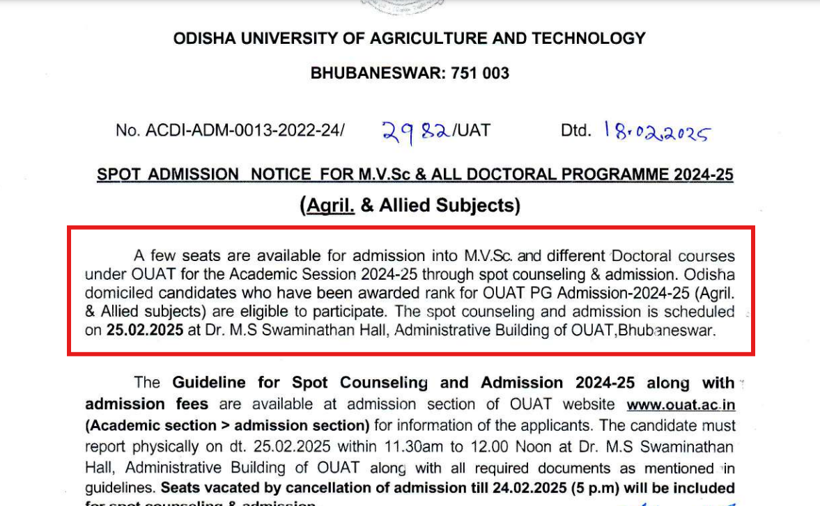 OUAT MVSc and PhD Admissions 2025 Open