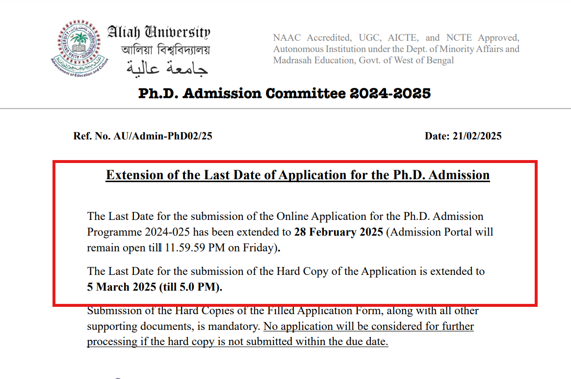 Aliah University PhD Admission 2024-25 Opens