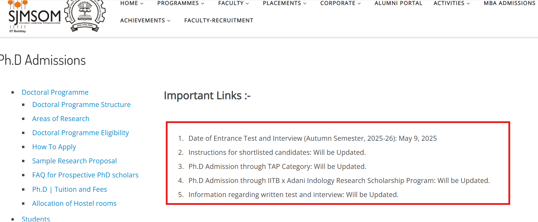 SJMSOM PhD Entrance Test and Interview 2025 Released for Autumn Semester