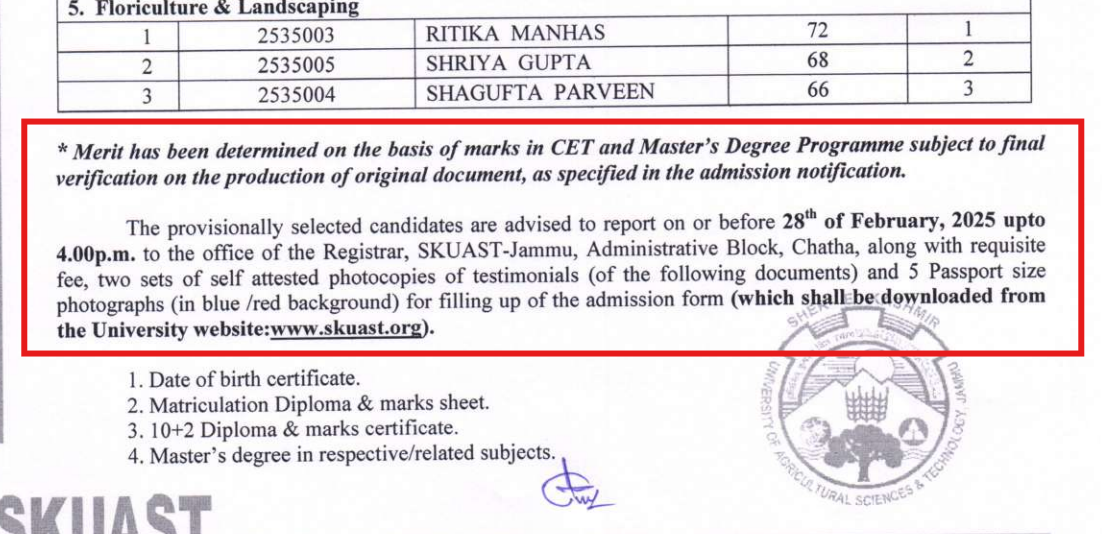 SKUAST Jammu PhD Provisionally Selected/ Waitlisted Candidate list 2025