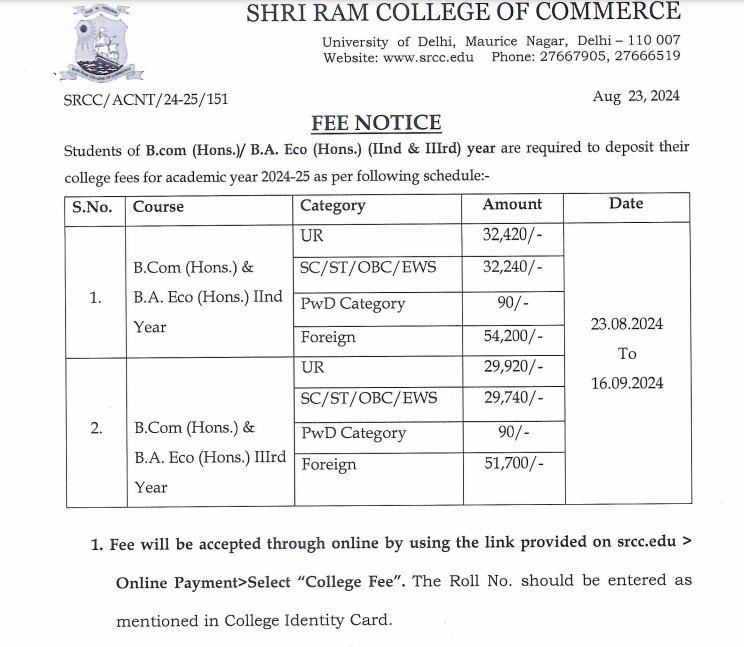 SRCC BCom Fees
