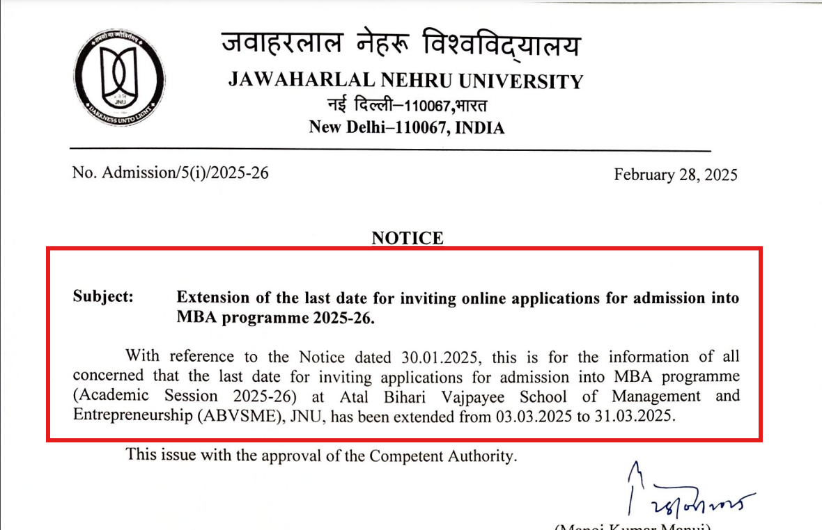 JNU MBA Admissions 2025 Open