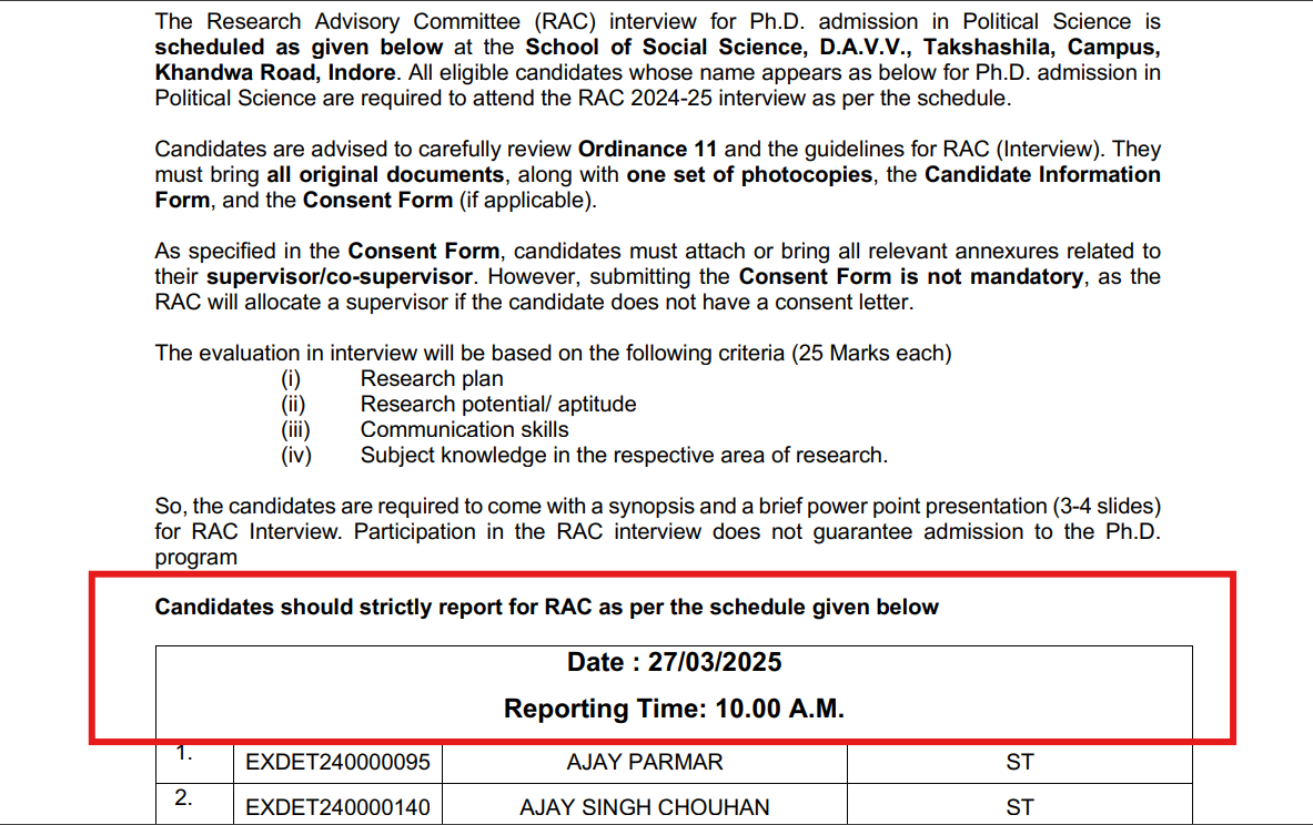 DAVV PhD Admissions 2025