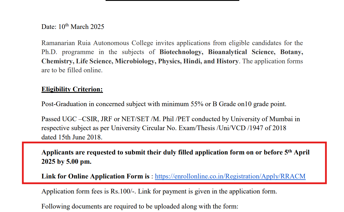 Ramnarain Ruia Autonomous College PhD Admissions 2025 Open