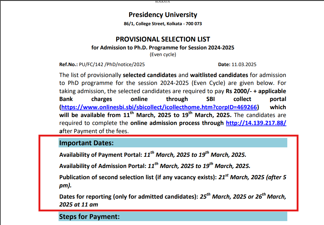 Presidency University PhD Provisional Selection List 2025 Released