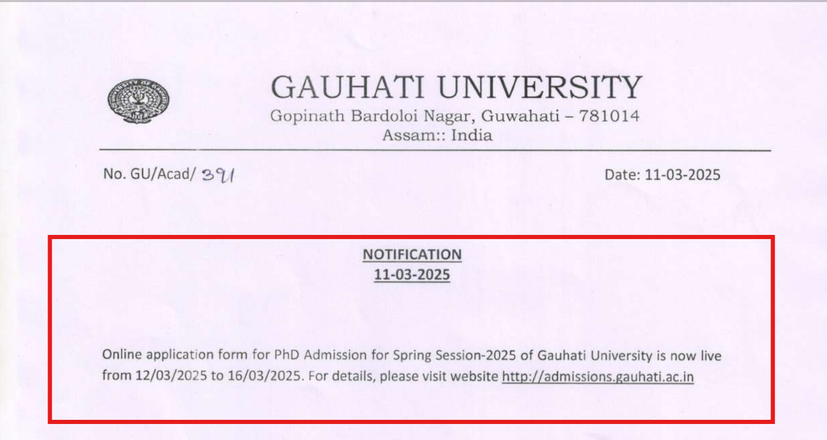 Gauhati University PhD Admission 2025