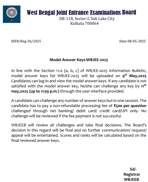 WBJEE Answer Key 2025