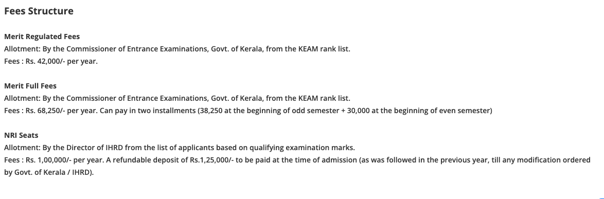 Fees as per Official Website