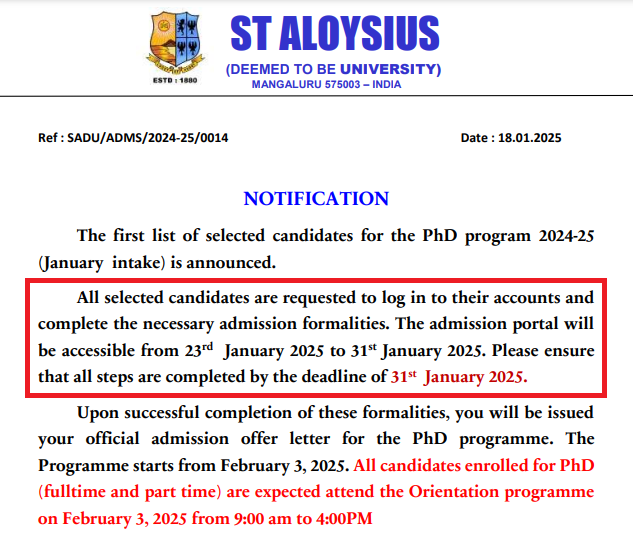 St Aloysius PhD Admission 2024-25