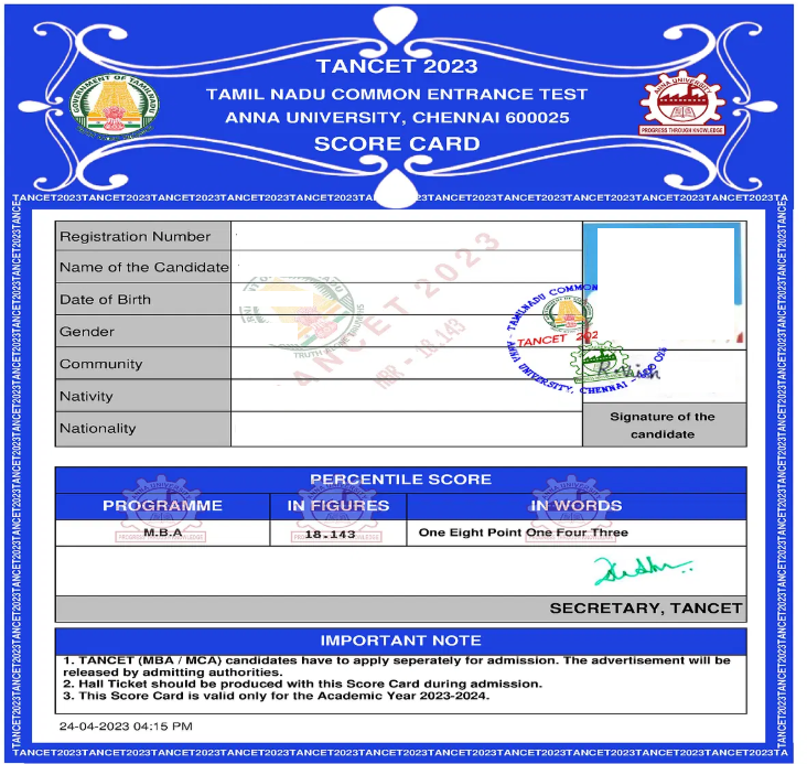 TANCET Sample Scorecard