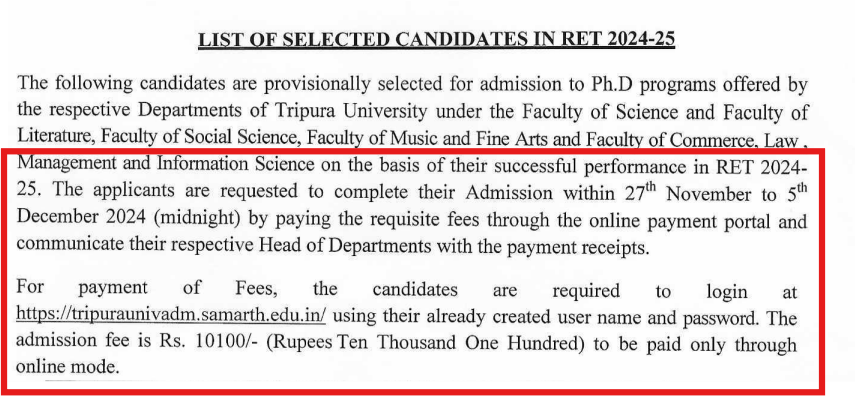 Tripura University PhD Admission 2024