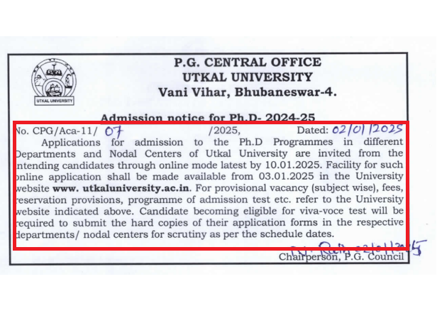 Utkal University PhD Admissions 2025