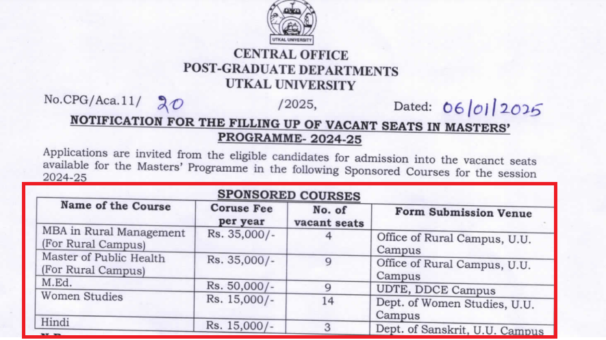 Utkal University Admissions 2025