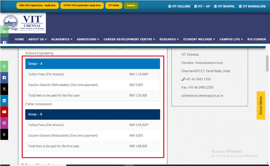 Vellore Institute of Technology Has Released the Fee Structure for UG, and Integrated courses