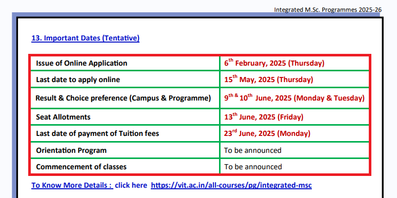 VIT Integrated MSc Admission 2025