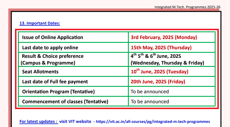 VIT Integrated MTech Admission 2025