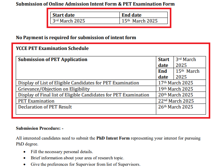 YCCE PhD Admission 2024-25 Via PET