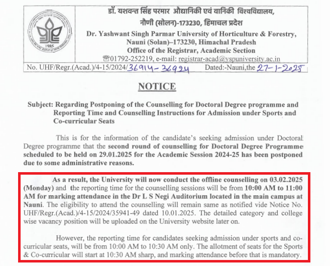 YSP University PhD 2024-25 Round 2 Counselling