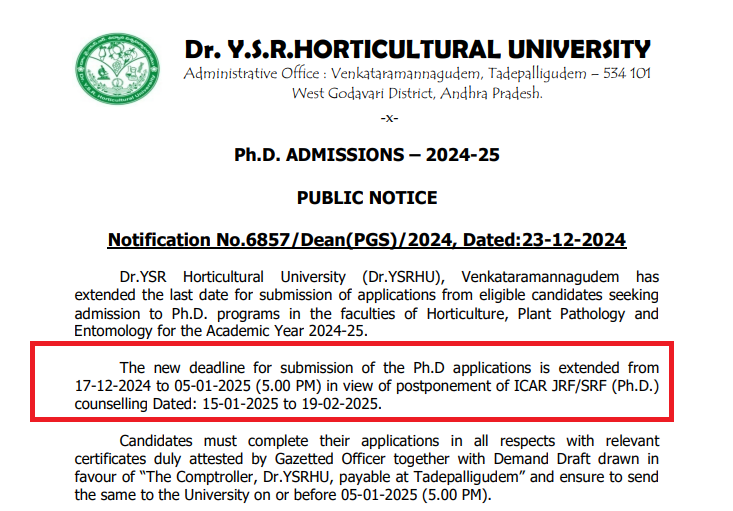 YSR Horticulture University PhD Application 2025 Deadline Extended