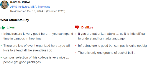 AIMS Institutes Bangalore Student Review
