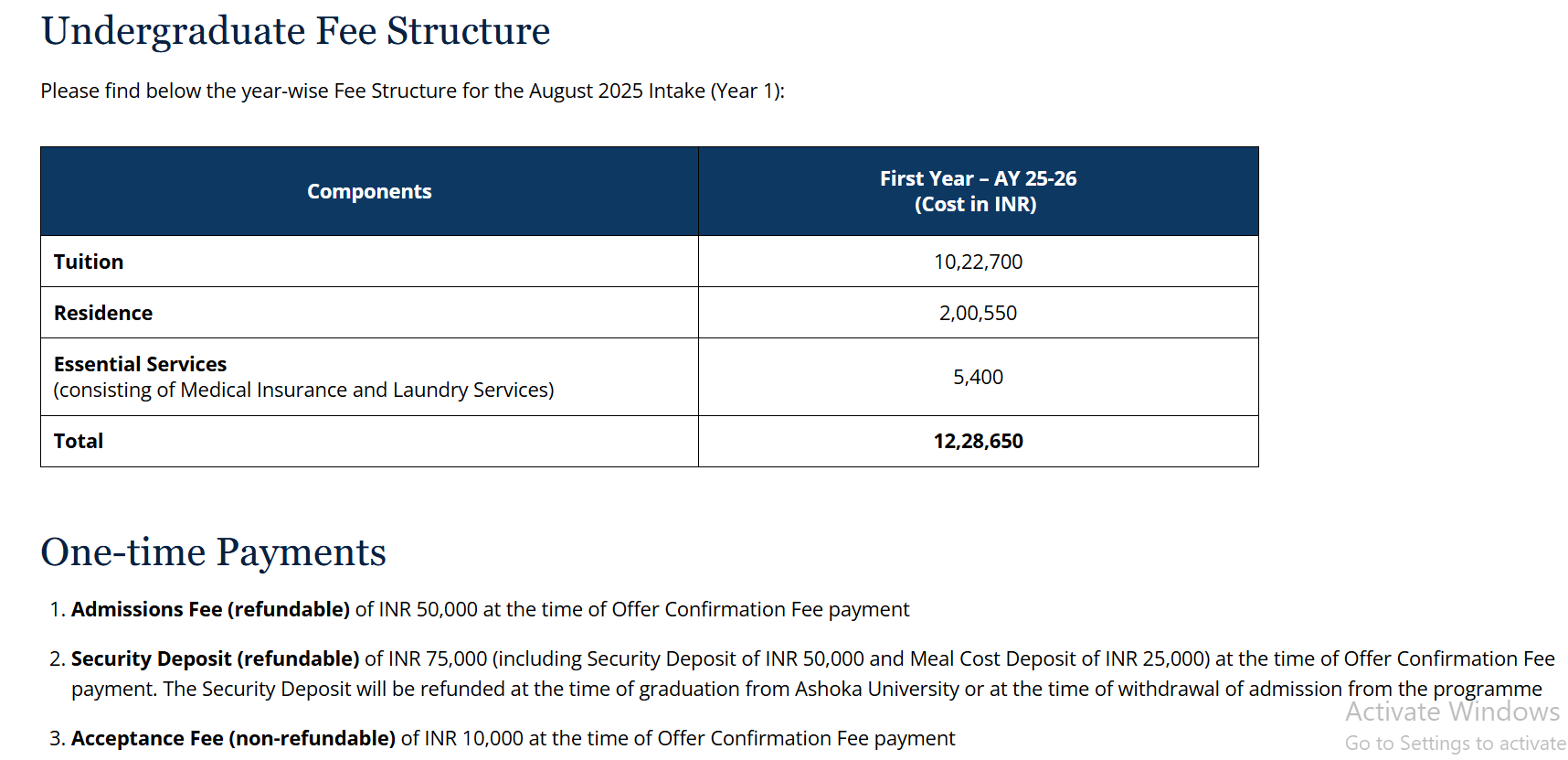 Fee Structure 2025 (As per website)-