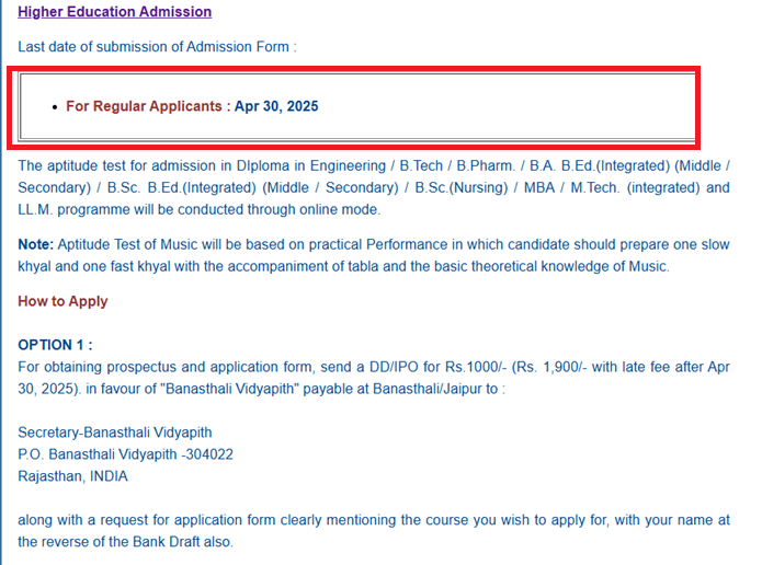 Banasthali Vidyapith admissions open 2025