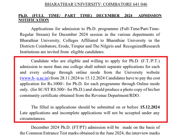 Bharathiar University PhD Admission 2024 Open; Apply by December 15