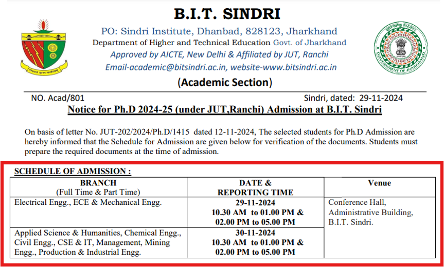 BIT Sindri PhD Admission Schedule