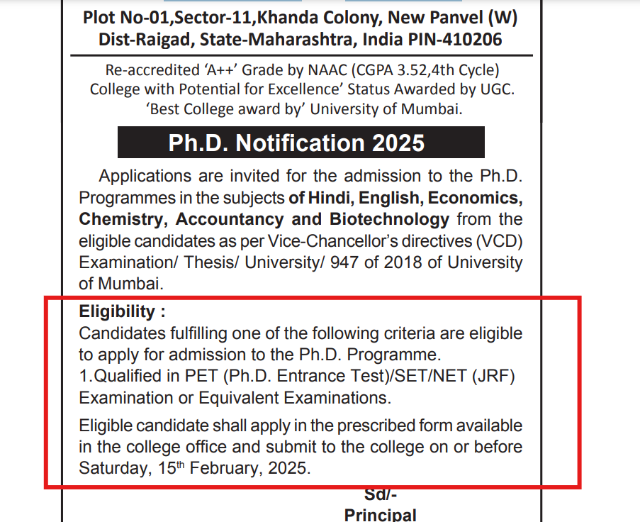 CKT College Panvel PhD Admissions