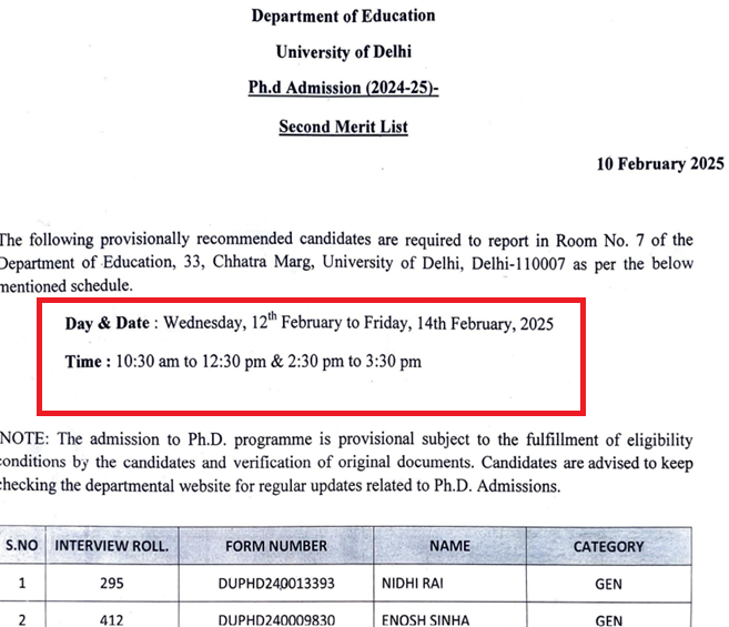 DU PhD Merit List 2025