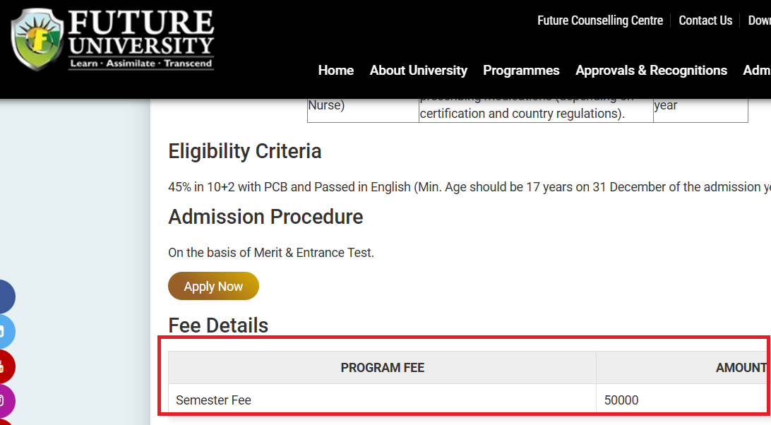 Future University Updates Fee Structure for B.Sc. Nursing Program 2025