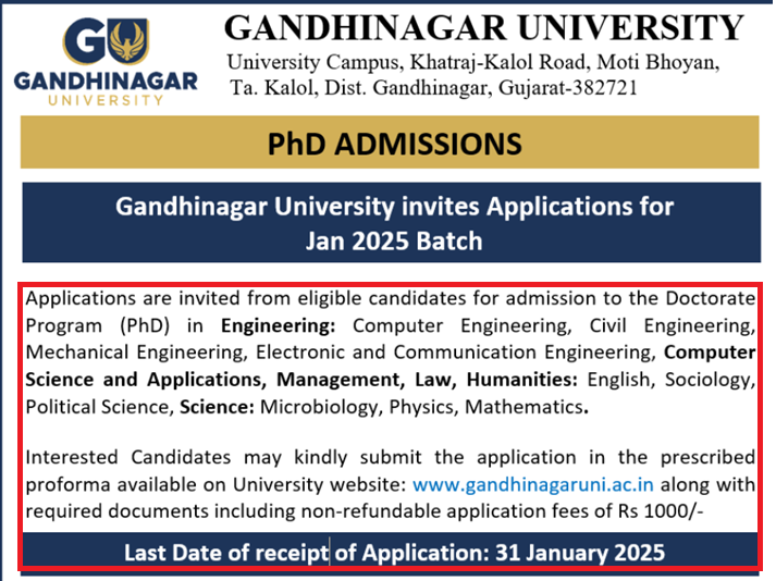 Gandhinagar University PhD Admission 2025