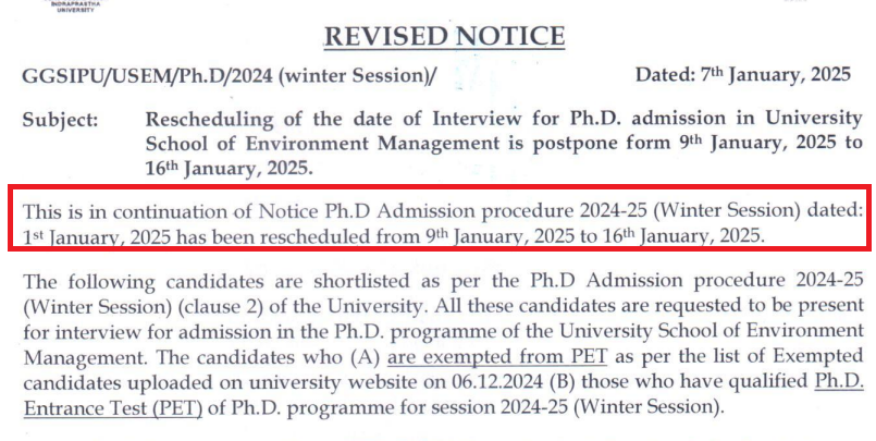 GGSIPU PhD Interview Postponed