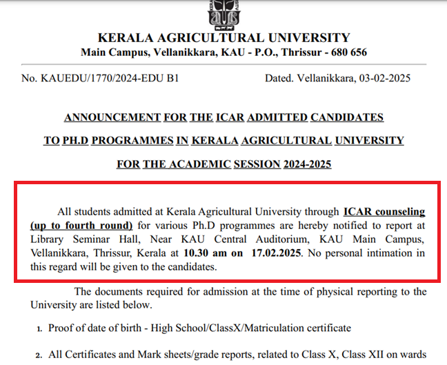 KAU ICAR PhD admission 2025