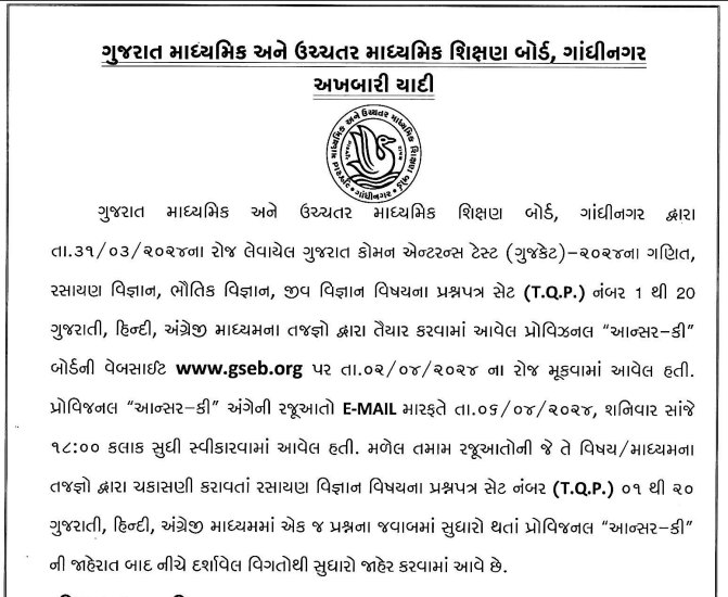 GUJCET ANSWER KEY