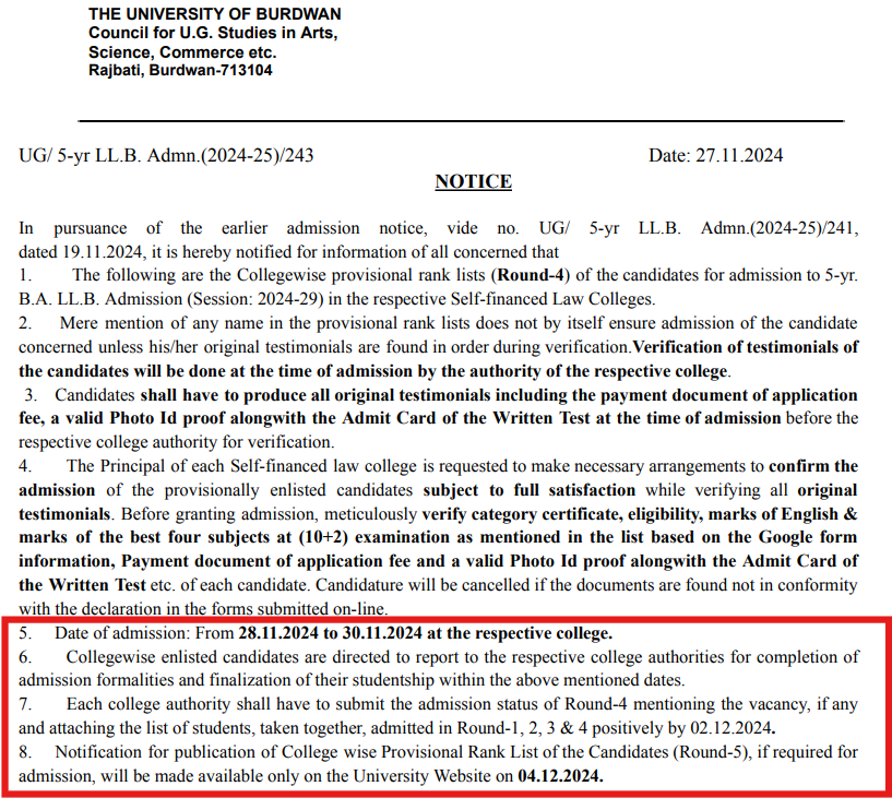 University of Burdwan BALLB round 4 broad list