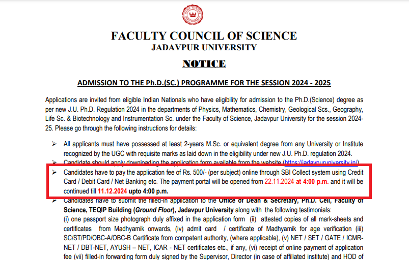 Jadavpur University PhD (Science) Admission 202425 Open