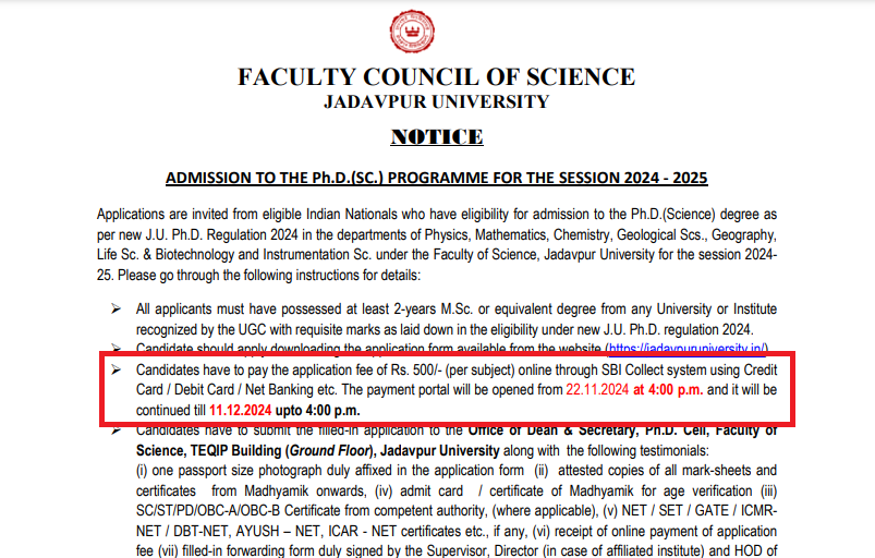 Jadavpur University PhD (Science) Admission 2024-25 Open