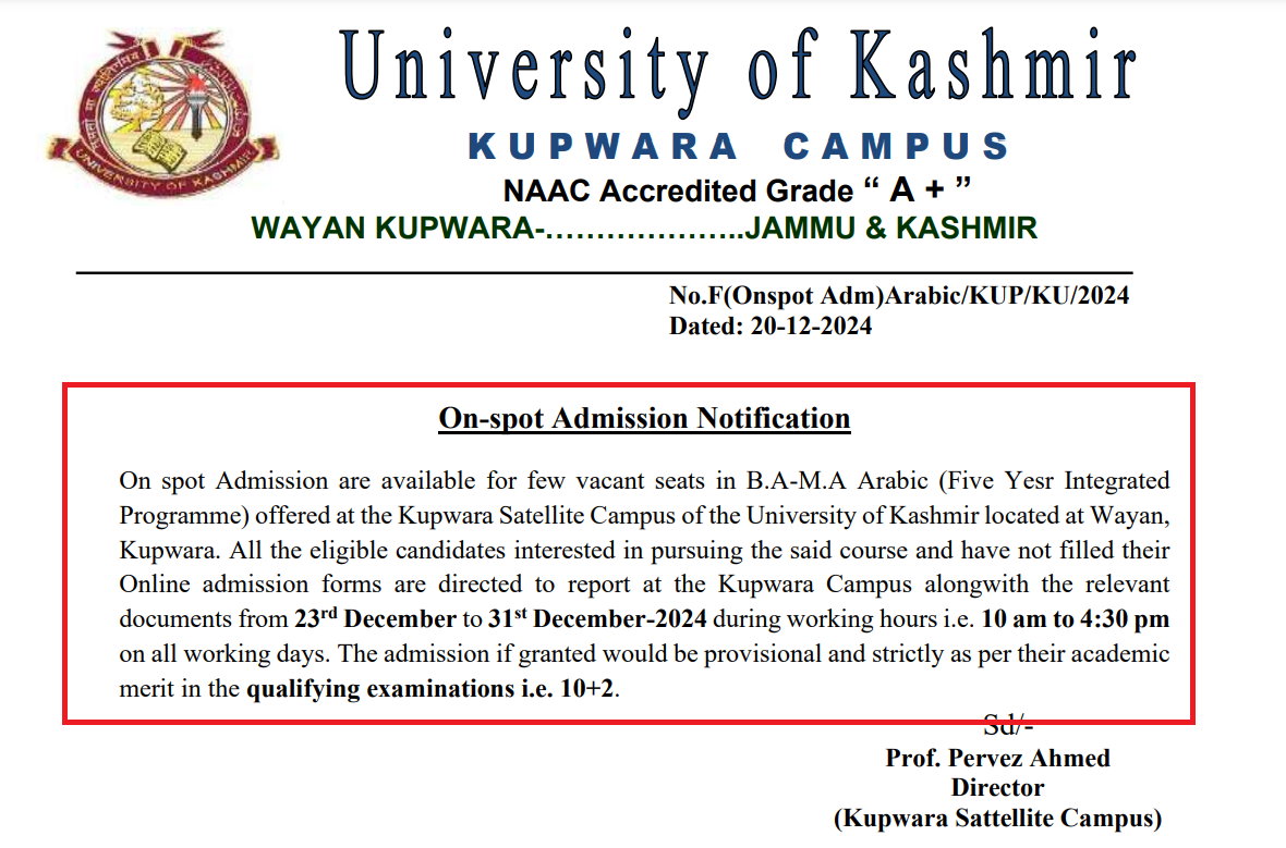 University of Kashmir Announces On-Spot Admission for UG Integrated Program