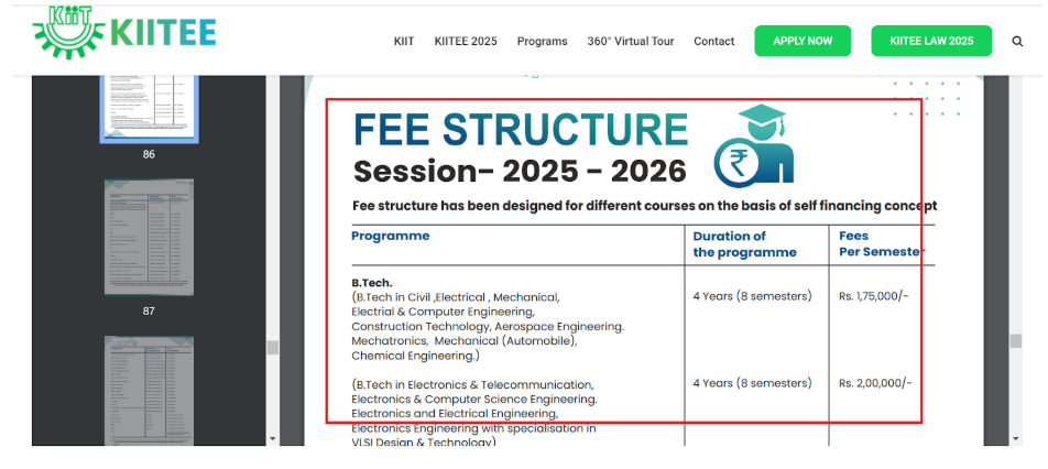KALINGA INSTITUTE OF INDUSTRIAL TECHNOLOGY Has Released Fee Structure for 2025-26 in multiple Programs