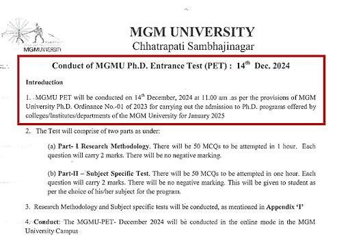 MGM University PhD Entrance Test