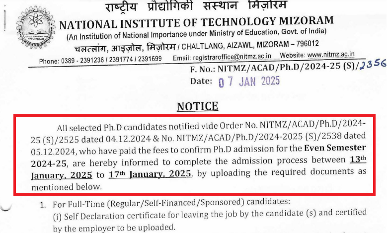 NIT MIZORAM PHD SCHEDULE 2025