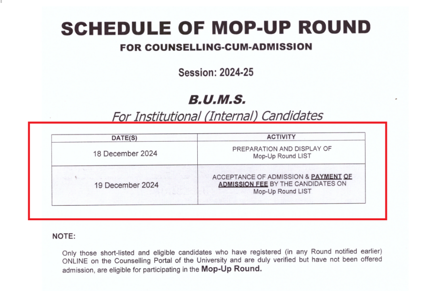 Aligarh Muslim University has announced the dates for the MOP-UP round for BUMS