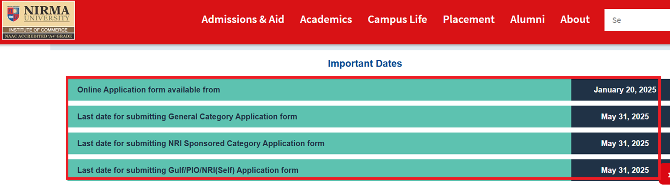 Nirma University BCom admission 2025